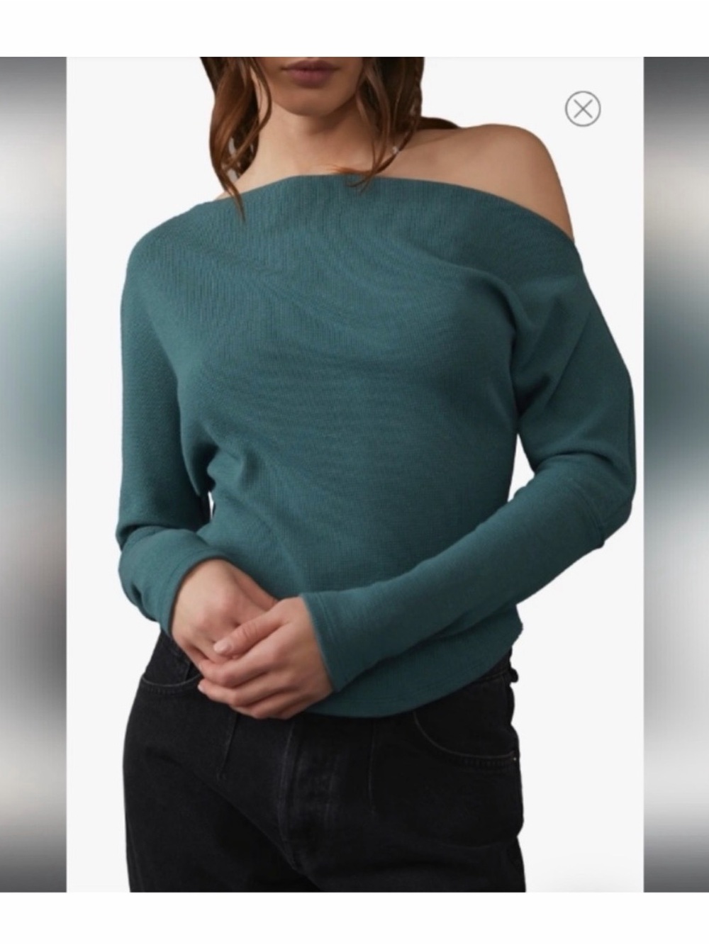 We The Free Off-Shoulder Teal Ribbed Knit Top